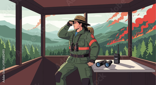 Forest Ranger Vigilantly Observing Wildfire Danger.