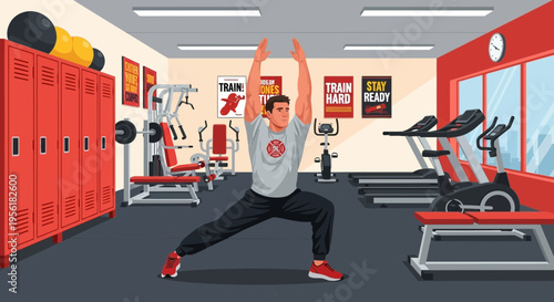 Man performing lunges with weights in gym.