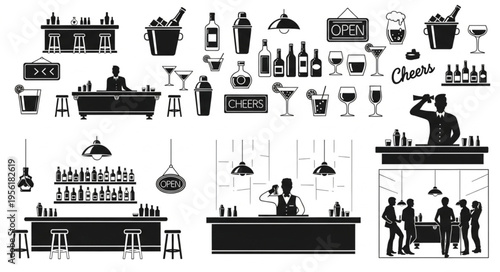 Silhouetted Bar Scene - Bartenders, Drinks, and Socializing in Black and White.