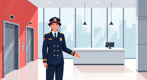 Professional female security guard in uniform welcoming guests.