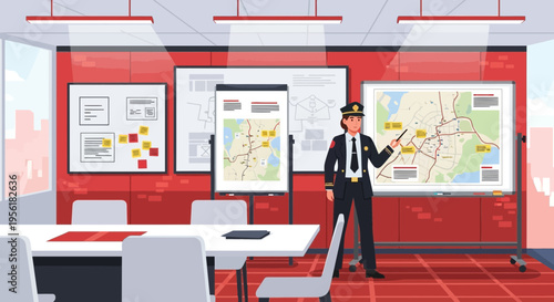 Police Officer Presenting Strategy in Command Center.