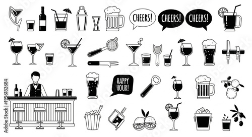 Collection of Hand-Drawn Bar and Cocktail Illustrations for Design Projects.