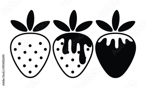 Three Stylized Strawberries: Plain, Drizzled, and Solid Black