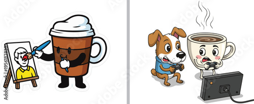 Cartoon coffee characters enjoying hobbies: one paints a portrait on an easel, while another plays video games with a cute brown dog. Playful vector art perfect for cafe or leisure themes.