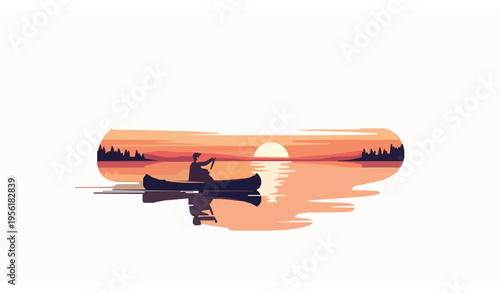 Man rowing canoe on peaceful lake at sunset scenic nature flat vector illustration isolated on white