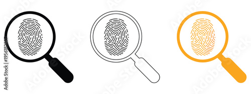 fingerprint magnifying glass icon, minimal flat stroke vector logo with fingerprint inside magnifying glass, black white and orange color palette,clean professional branding design.