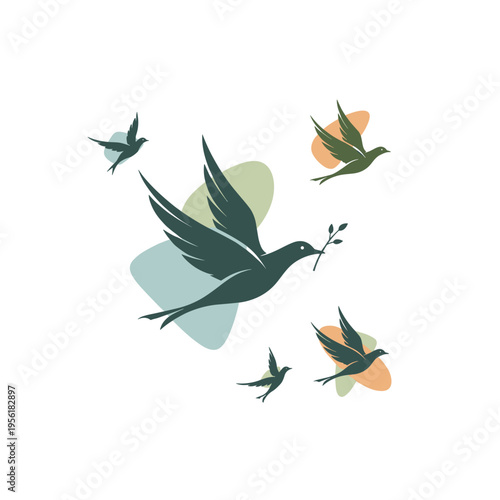 Stylized birds flying with branches against colorful background  