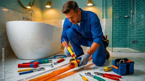 Skilled plumber in blue uniform carefully applying sealant or grout to pipe connections during bathroom renovation project