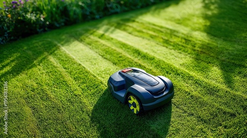 Robotic lawnmower cutting grass in a sunny garden
