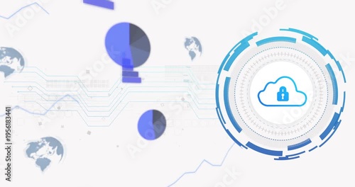 Faint marks starting round cloud HUD appearing right rotating rings charts driving secure data flow