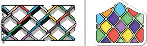 Vector illustration of two wire fence designs: a realistic metallic chain-link segment with colorful accents and a vibrant, multi-colored diamond mesh pattern sticker.