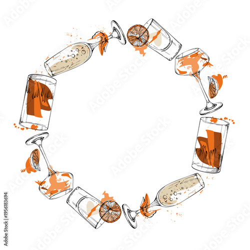 Circular wreath of champagne flutes, whisky scotch, brandy and spritz glasses. Orange garnish, juice splatter, bubbles. Hand drawn vector ink outlines. Celebration stickers, festive labels, coasters