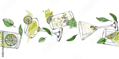 Lime Margarita, citrus lemonade highball, martini and mojito in ink glasses. Seamless vector strip hand drawn for culinary borders, brand templates, poster edges, drink kits and packaging accents.