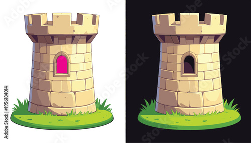 Medieval Fortress Illustration: A whimsical illustration showcases a medieval fortress, presenting the architectural style, featuring a detailed tower and fortified structure.