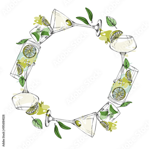 Circular vector wreath of lime, mint, olive and clear Martini, Daiquiri, Classic Mojito cocktail ink outlines with light fills. Hand drawn for labels, stickers, coasters, logo badges, party branding.