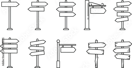 Diverse collection of outline signposts and direction signs, featuring various styles of wooden pointers for guidance and choice.