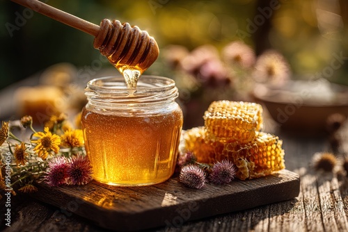 A glass jar filled with golden honey sits on a wooden table. A wooden dipper rests inside the jar. Honeycomb pieces and flowers surround the jar. The sunlight shines on the scene