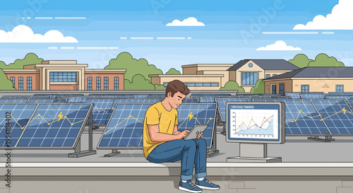Young man using smartphone near solar panels and monitor.