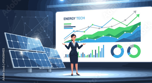 Businesswoman presenting solar energy technology and financial growth charts.