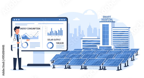 Doctor Analyzing Solar Energy Data for Hospital Sustainability.
