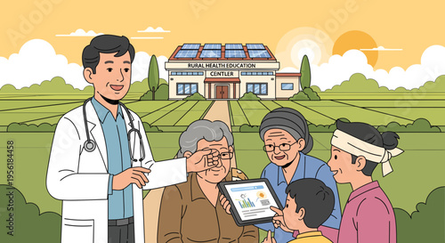 Doctor showing medical information on tablet to elderly patients and caregiver.