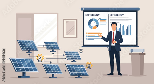 Man presenting solar energy efficiency in a modern office.