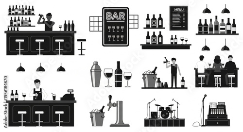 Silhouetted Bar Scenes - Bartenders, Drinks, and Entertainment.