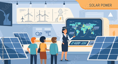 People learning about solar power technology in a modern exhibition.