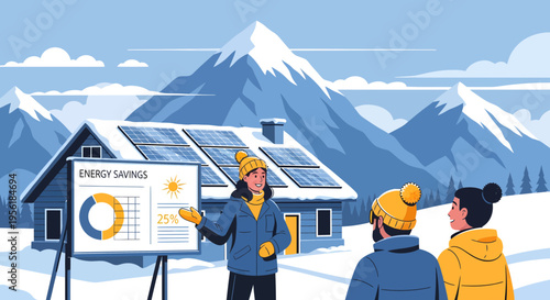 People learning about energy savings presentation outdoors.