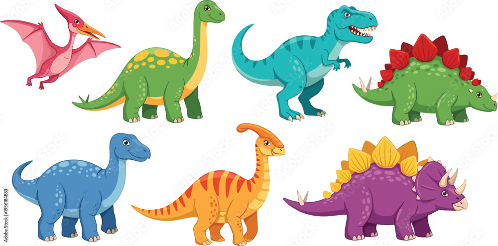 Fototapeta premium Colorful dinosaur collection with t rex stegosaurus triceratops brachiosaurus and pterodactyl cartoon vector illustration set