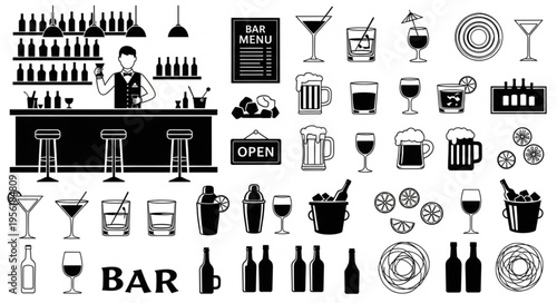 Silhouetted Bar Scene with Bartender and Assorted Drink Icons.