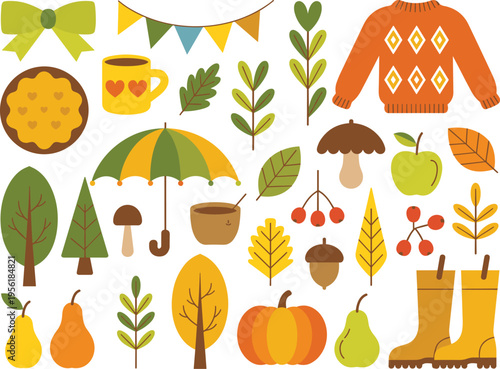 Autumn cozy elements collection with pumpkin leaves sweater boots umbrella and fall seasonal objects vector illustration set