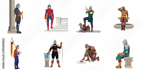 Vector illustration set of diverse medieval fantasy characters in armor, including knights, warriors, and guards, performing various activities in a historical or fantasy setting.