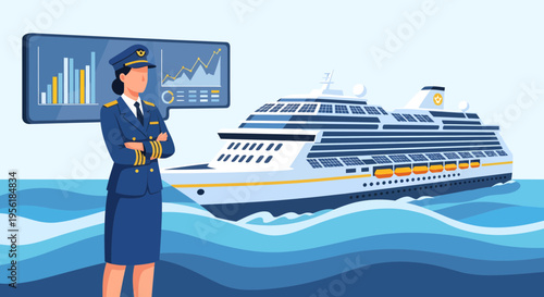 Woman Captain Overseeing Cruise Ship Operations with Financial Data.