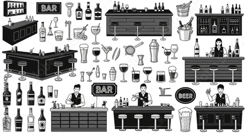 Detailed Bar and Bartender Illustration Set in Black and White.