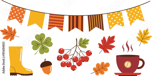 Autumn cozy elements with leaves boots coffee acorn berries and bunting fall seasonal vector illustration set
