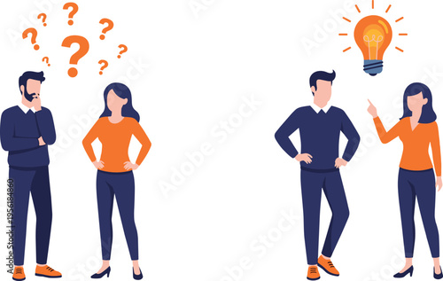 Business people thinking and finding solution with idea concept teamwork problem solving vector illustration set