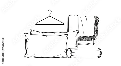 Sketch of bedroom accessories including pillows, blanket, bolster and hanger.