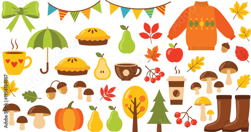 Autumn cozy elements collection with pumpkin leaves sweater boots umbrella pie and fall seasonal objects vector illustration set
