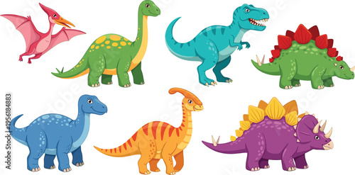 Colorful dinosaur collection with t rex stegosaurus triceratops brachiosaurus and pterodactyl cartoon vector illustration set