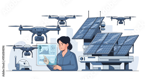 Woman Operating Drone Technology with Solar Panels.