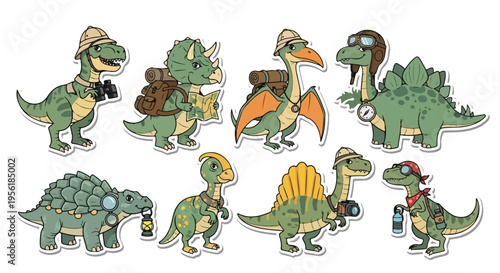 Adorable cartoon dinosaurs dressed as intrepid explorers, equipped with safari gear and ready for adventure.