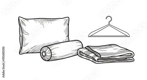 Hand-Drawn Bedding and Hanger Illustration for Home Decor.