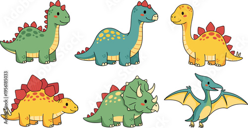 Cute dinosaur cartoon set with stegosaurus triceratops brachiosaurus and pterodactyl colorful prehistoric animals vector illustration