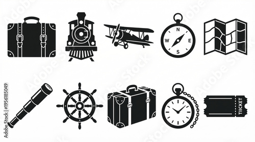 Set of travel icons including a train, airplane, suitcase, compass, map, spyglass, ship's wheel, and ticket