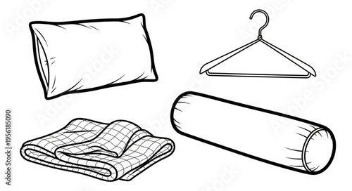 Line Art Illustration of Bedroom Essentials - Pillow, Blanket, Hanger, Bolster.