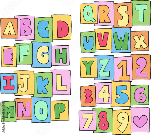 Hand drawn vector illustrations of a to z alphabet letters and numbers for font, typography, text, message, words, campaign badge, initials, name, cute patch, sticker, pin, brooch, logo design, tattoo