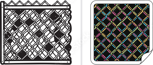 Vector illustration of two chain-link fence designs: a black and white industrial segment and a dark square sticker featuring a colorful neon grid pattern with pink, yellow, and blue accents.