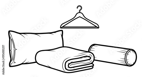 Pillow, Blanket, Bolster, and Hanger Line Art Illustration.