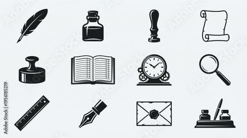 A comprehensive collection of vintage writing instruments and antique office supplies, perfect for historical, educational, and creative design projects that evoke classic communication